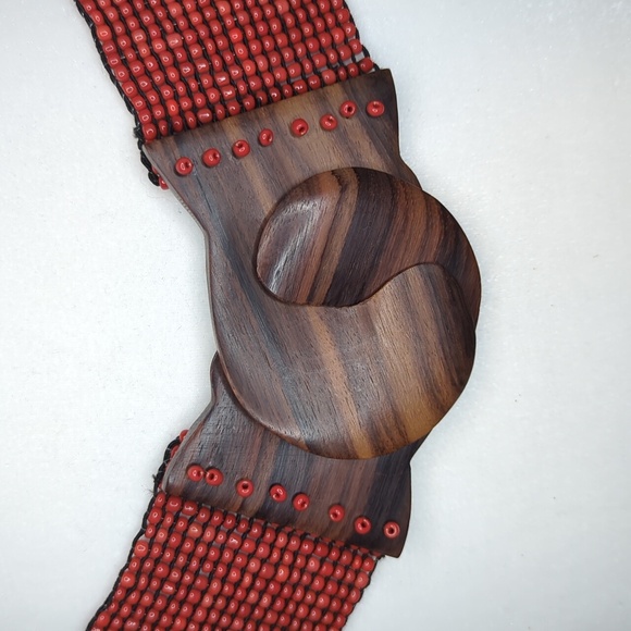 Vtg Glass Bead Wood Stretchy Elastic Belt Burnt Orange‎ Belt Women OS Bohemian main image 7
